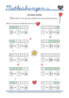 Verliebte Zahlen - Mathe 1. Klasse Arbeitsblatter