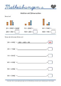 Addition mit Zehnerzahlen - Arbeitsblätter Mathe 3. Klasse