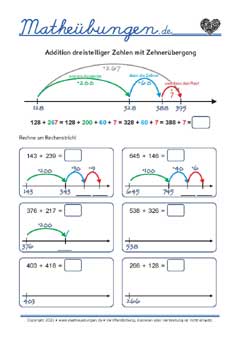Addition dreistelliger Zahlen mit Zehnerübergang - Arbeitsblätter Mathe 3. Klasse
