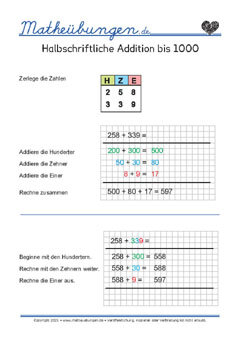 Halbschriftliche Addition bis 1000 - Mathe 3. Klasse Lernposter