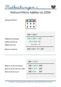 Halbschriftliche Addition bis 1000 Mathe lernen