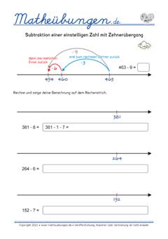 Subtraktion mit Zehnerübergang (HZE-E) - Arbeitsblätter Mathe 3. Klasse