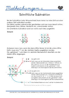 Schriftliche Subtraktion ohne Übertrag - Mathe 3. Klasse Lernposter