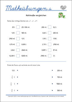 Hohlmaße vergleichen - Arbeitsblätter Mathe 4. Klasse