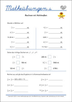 Rechnen mit Hohlmaßen - Arbeitsblätter Mathe 4. Klasse