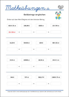 Geldbeträge vergleichen - Arbeitsblätter Mathe 4. Klasse