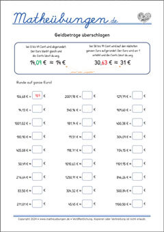 Geldbeträge überschlagen - Arbeitsblätter Mathe 4. Klasse