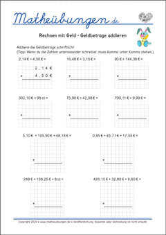 Rechnen mit Geld - Arbeitsblätter Mathe 4. Klasse