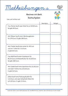 Rechnen mit Geld - Sachaufgaben - Arbeitsblätter Mathe 4. Klasse