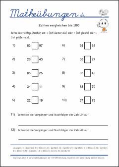 Zahlenvergleich - Größer, kleiner oder gleich?  - Arbeitsblätter Mathe 2. Klasse