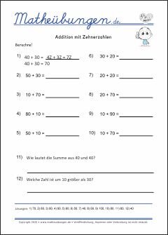 Arbeitsblätter - Addition mit Zehnerzahlen