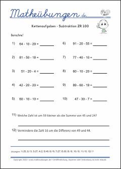 Arbeitsblätter - Subtrahieren im Zahlenraum bis 100 (Minusaufgaben)