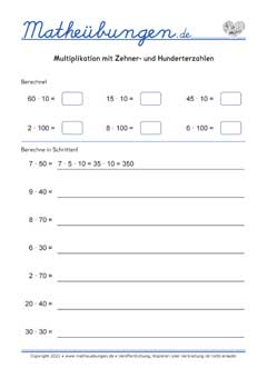 Multiplikation mit Zehner- und Hunderterzahlen - Arbeitsblätter