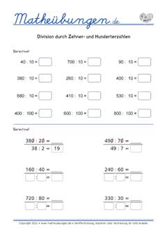 Division durch Zehner- und Hunderterzahlen - Arbeitsblätter
