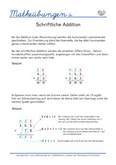 Schriftliche Addition Mathe 3. Klasse