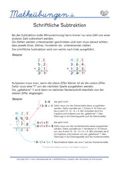 Schriftliche Subtraktion Mathe 3. Klasse