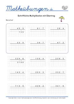 Schriftliche Multiplikation mit Übertrag - Arbeitsblätter
