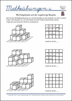 Würfelgebäude und Bauplan - Mathe Arbeitsblätter Geometrie für 3. Klasse Grundschule