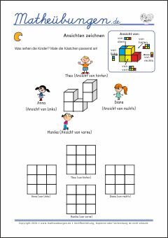 Ansichten zeichnen - Mathe Arbeitsblätter Geometrie für 3. Klasse Grundschule