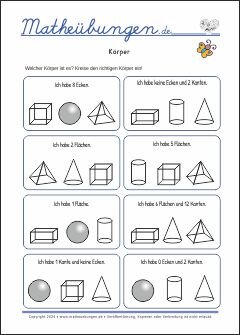 Formen und Körper - Mathe Arbeitsblätter Geometrie für 3. Klasse Grundschule