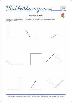 Rechter Winkel - Mathe Arbeitsblätter Geometrie für 3. Klasse Grundschule
