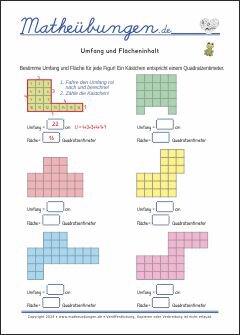 Umfang und Flächeninhalt - Mathe Arbeitsblätter Geometrie für 3. Klasse Grundschule