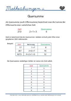 Quersumme - Zahlen bis 1000
