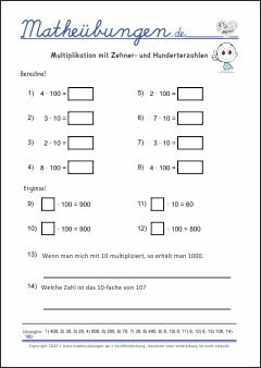 Multiplikation mit Zehner- und Hunderterzahlen - Mathe Übungen mit Lösungen Grundschule 3. Klasse