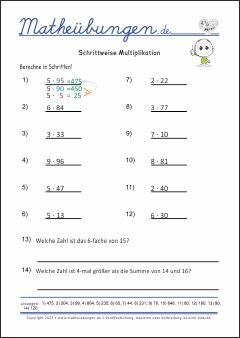 Schrittweise Multiplikation - Mathe Übungen mit Lösungen Grundschule 3. Klasse