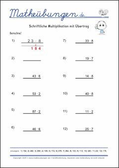 Schriftliche Multiplikation - Mathe Übungen mit Lösungen Grundschule 3. Klasse
