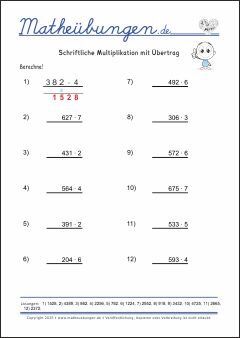 Schriftliche Multiplikation - Mathe Übungen mit Lösungen Grundschule 3. Klasse