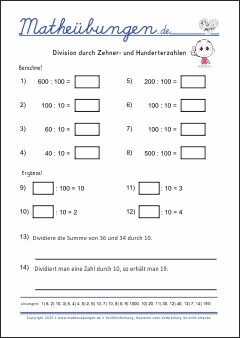 Division durch Zehner- und Hunderterzahlen - Mathe Übungen mit Lösungen Grundschule 3. Klasse