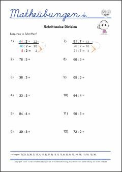Schrittweise Division - Mathe Übungen mit Lösungen Grundschule 3. Klasse
