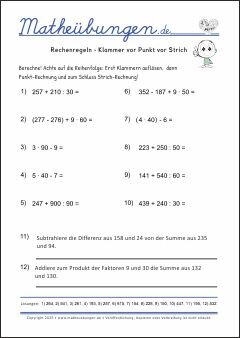 Rechenregeln - Klammer vor Punkt vor Strich - Mathe Übungen mit Lösungen Grundschule 3. Klasse
