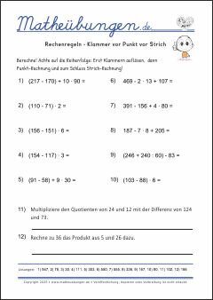 Rechenregeln - Klammer vor Punkt vor Strich - Mathe Übungen mit Lösungen Grundschule 3. Klasse