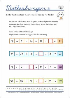 Mathe-Rechenrätsel - Kopfrechnen Training für Kinder Grundschule 3. Klasse