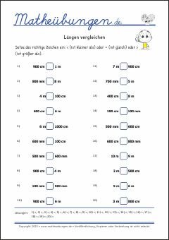 Längen vergleichen - Mathematik Übungen / Mathe Aufgaben mit Lösungen 3. Klasse Grundschule