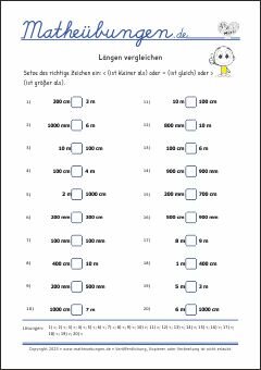 Längen vergleichen - Mathematik Übungen / Mathe Aufgaben mit Lösungen 3. Klasse Grundschule