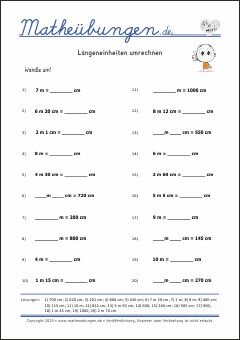 Längeneinheiten umrechnen - Mathematik Übungen / Mathe Aufgaben mit Lösungen 3. Klasse Grundschule