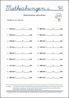 Zeiteinheiten umrechnen - Mathematik Übungen / Mathe Aufgaben mit Lösungen 3. Klasse Grundschule