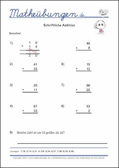 Schriftliche Addition - Mathe Übungen mit Lösungen Grundschule 3. Klasse