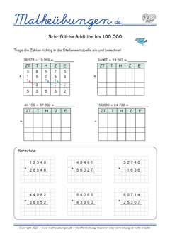 Schriftliche Addition bis 100 000 - Arbeitsblätter