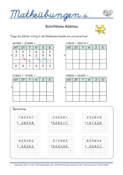 Schriftliche Addition bis 1 Million - Arbeitsblätter