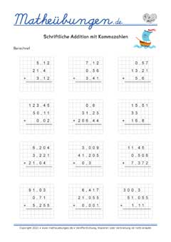 Schriftliche Addition mit Kommazahlen / Dezimalzahlen - Arbeitsblätter