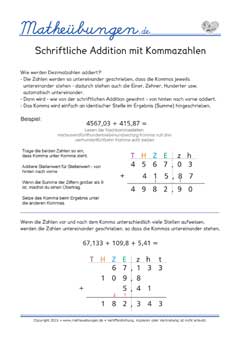 Schriftliche Addition mit Kommazahlen Mathe 4. Klasse