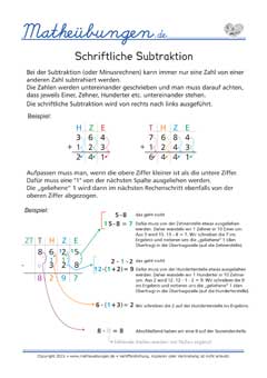 Schriftliche Subtraktion Mathe 4. Klasse