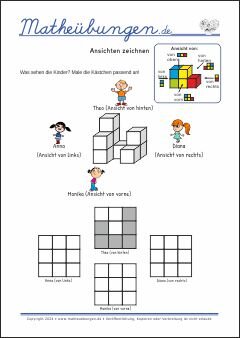 Ansichten zeichnen - Mathe Arbeitsblätter Geometrie für 4. Klasse Grundschule