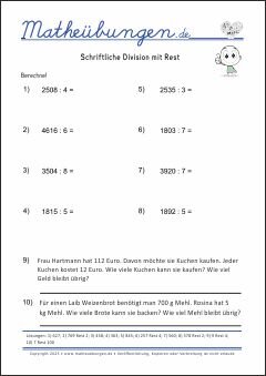 Schriftliche Division mit Rest Mathe-Übungen mit Lösungen