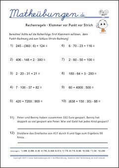 Rechenregeln - Klammer vor Punkt vor Strich Mathe-Übungen mit Lösungen