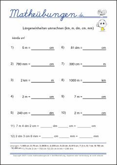 Längeneinheiten umrechnen (km, m, dm, cm, mm) Größen und Maßeinheiten - Mathematik Übungen / Mathe Aufgaben mit Lösungen